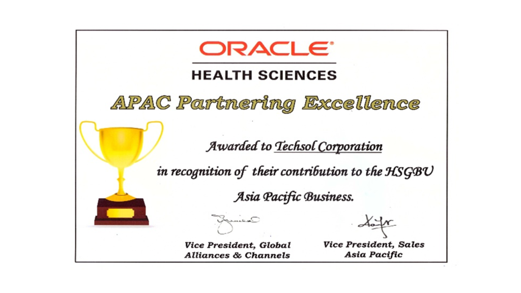 Techsol Oracle Health Sciences Award for APAC Partnering Excellence